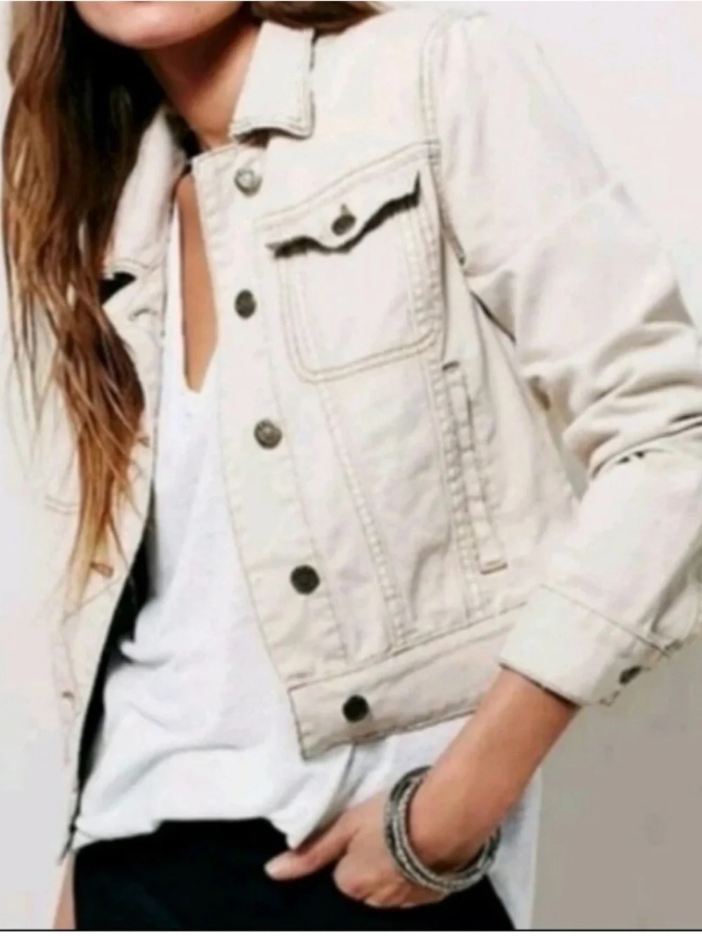 Free People Blush White Cotton Cropped Denim Jean Jacket Size XS Like New - Picture 1 of 7